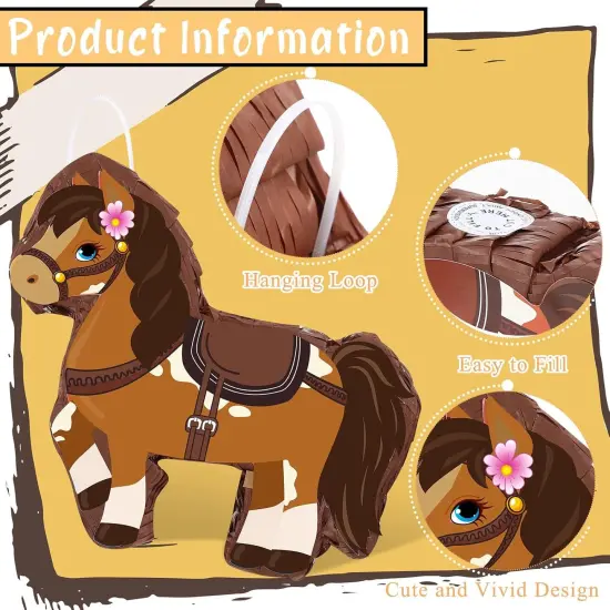 Horse Pi&ntilde;ata Cowgirl Pinatas Brown Horse Pi&ntilde;ata for Birthday Girl with Bat Stick Blindfold Mask for Horse Birthday Cowgirl Party Carnival Pi&ntilde;ata Game Decor Supplies, 15 x 13.4 x 3.2 Inch {2}