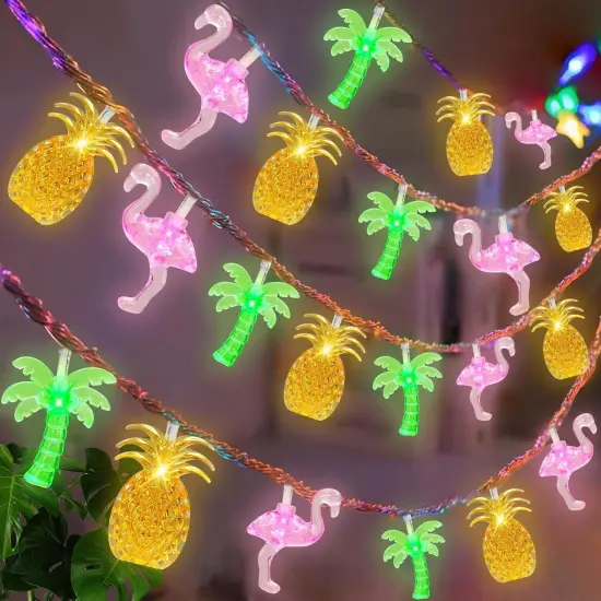 30 LED Tropical Summer String Lights &ndash; 16Ft Flamingo, Pineapple & Palm Tree Fairy Lights with 8 Modes & Timer &ndash; Battery Operated Beach, Pool & Luau Party Decor {1}
