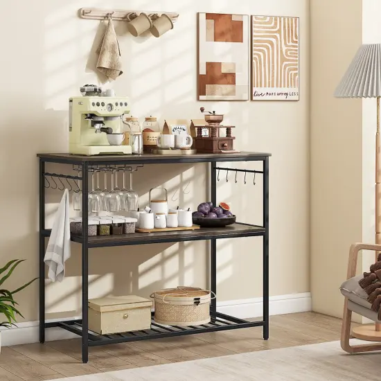 Grey Wooden Kitchen Island with 3 Shelves Wine Glass Holders and 10 Metal Hooks {2}