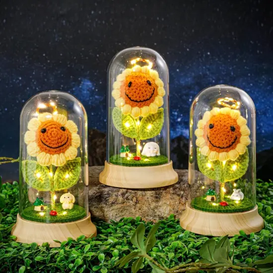 Sunflower Gifts for Women, with Led Glass Dome Smiley Crochet Artificial Sun Flower Desk Decorations, for Her Mom Mothers Day Birthday Christmas Valentine Gifts (W 4.3" X H 7.5") {3}