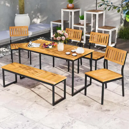 Costway 6 PCS Outdoor Acacia Wood Dining Set with Bench and 2" Umbrella Hole Outdoor Patio {1}