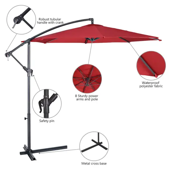 Costway 10' Hanging Umbrella Patio Sun Shade Offset Outdoor Market W/t Cross Base Burgundy {6}