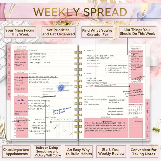Planner 2025-2026-Weekly and Monthly - 5.5"x8.5" (Pink Marble) {4}
