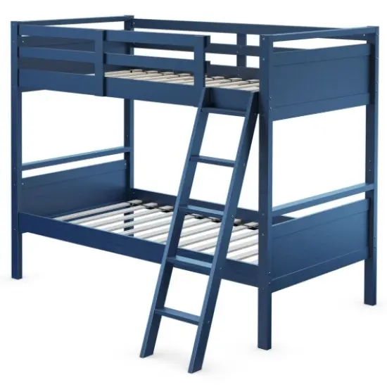 Convertible Twin Over Twin Bunk Bed in Blue &ndash; Solid Wood & MDF, Guardrails & Ladder {1}