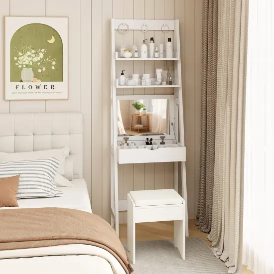 White Vanity Desk Set with Flip Top Mirror and Hidden Storage Compartments Cushioned Stool {2}