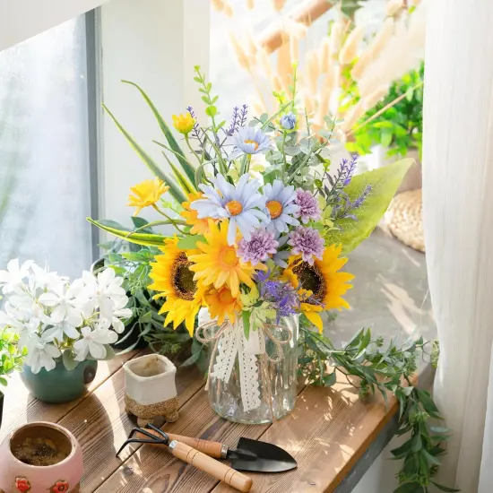 Summer Artificial Sunflower with Vase &ndash; Silk Blue Daisy Flower Arrangement {2}