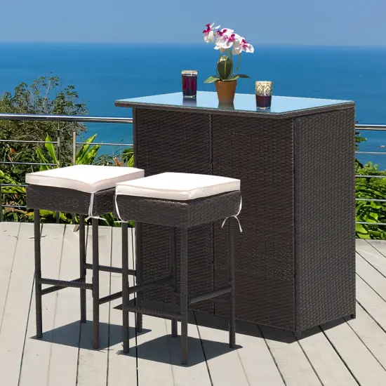 Costway 3PCS Patio Rattan Wicker Bar Table Stools Dining Set Cushioned Chairs Garden {4}