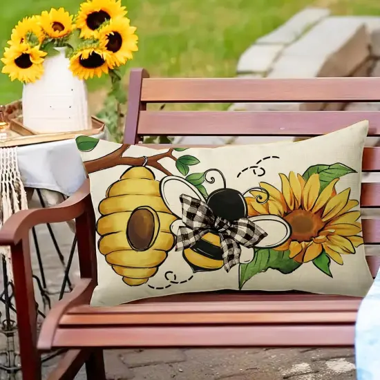 Honeycomb Sunflower Flower Porch Patio Outdoor Pillowcase, Beehive Floral Bow Sofa Cushion Case Home Decor {4}