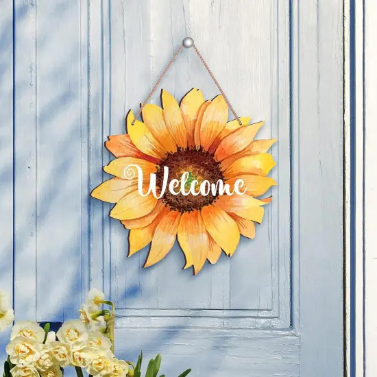 12" Sunflower Welcome Wood Door Hanger &ndash; Large Wooden Flower Sign for Summer Front Door, Porch, or Home Wall Decor {3}