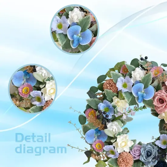 22" Spring & Summer Wreath &ndash; Blue Phalaenopsis, Rose, and Green Leaf Wreath for Front Door, Porch, and Patio Decor {3}