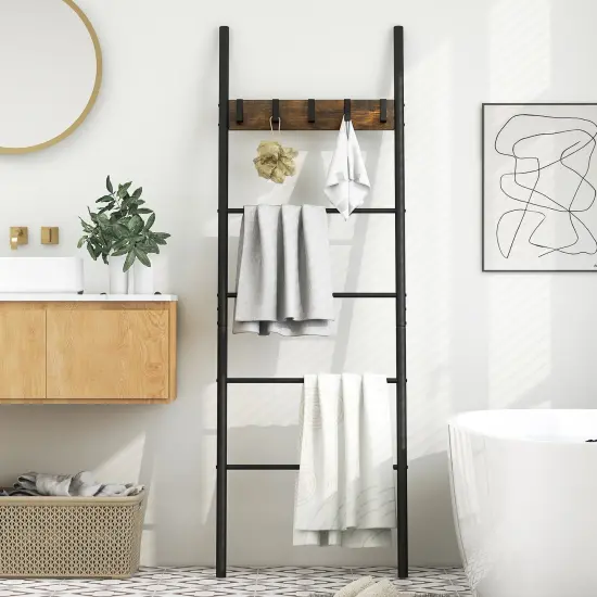 Black Wall-Leaning Decorative Blanket Holder with 5 Removable Hooks and Ladder Shelf {6}