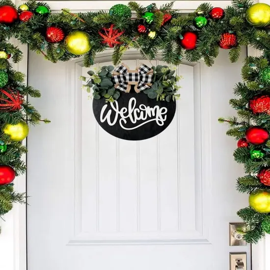 Welcome Sign for Front Door &ndash; Round Wooden Farmhouse Wreath Porch Decor, 30cm Hanging Wall Sign for Indoor and Outdoor Home Decor (Black) {2}