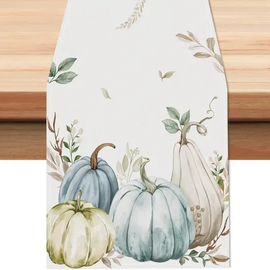 Fall Pumpkins Eucalyptus Leaves Table Runner, 13x72 Inch Thanksgiving Table Runner {1}