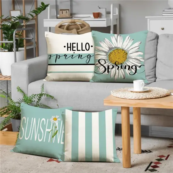 Spring Pillow Covers 18x18 Teal Spring Summer Decorations Hello Spring White Daisy Throw Pillow Covers Summer Sunshine Farmhouse Cushion Case for Sofa Couch Set of 4 {5}