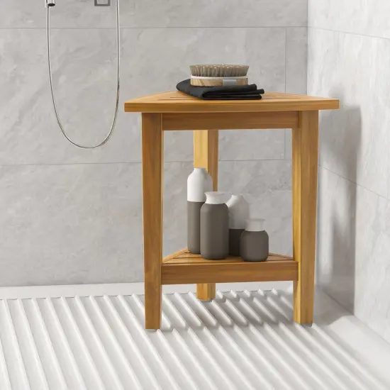 18 Inches Natural Wooden Waterproof Shower Stool with Storage Shelf and Slatted Design {3}