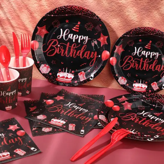 171 Pcs Happy Birthday Party Supplies 24 Set Disposable Party Tableware include Plates Cups Napkins Cutlery and Banner Tablecloth Birthday Dinner Decorations for Men Woman(Black, Red) {2}