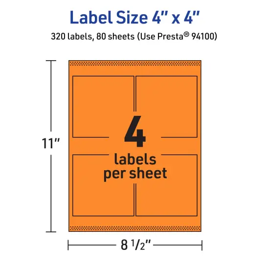 Avery Bright Orange Paper Labels, 4" x 4" Square {5}
