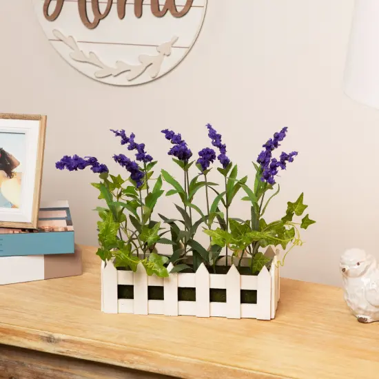 Northlight Artificial Flowering Lavender Plant in White Picket Fence Container - 11.75" - Purple Green {1}