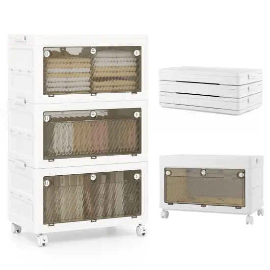 White PP HIPS 3-Tier Storage Bins and Quick Fold Stackable with Casters {3}