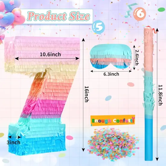 16 Inch Number Pi&ntilde;ata Kids Birthday Party Macaron Pi&ntilde;ata with Blindfold Stick and Confetti for Unicorn Birthday Wedding Baby Shower Decor(Number 7) {2}