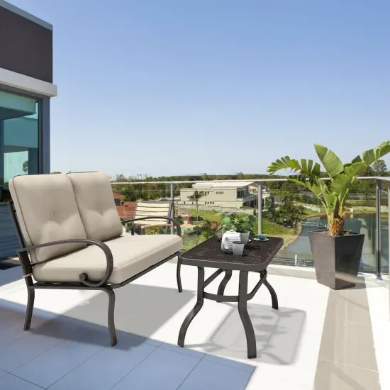 Costway 2 Pcs Patio LoveSeat Coffee Table Set Furniture Bench With Cushion {5}