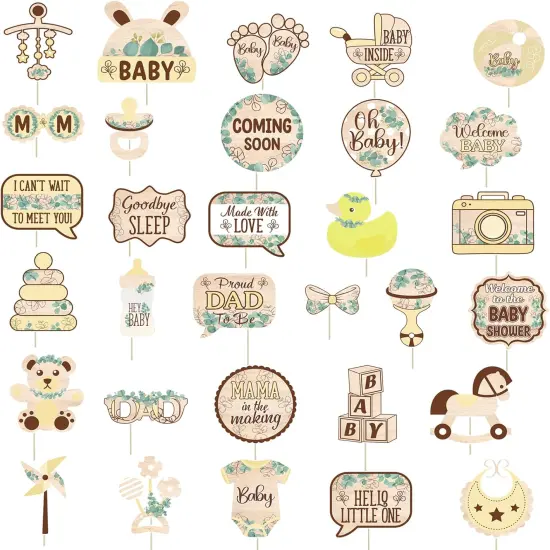 31pcs with Sticks Wood Grain Sage Green Boho Neutrals Baby Selfie Props {1}