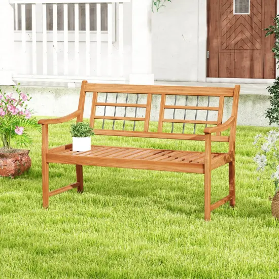 Costway Outdoor Acacia Wood Bench 2-Person Patio Bench with Slatted Seat &Backrest {1}
