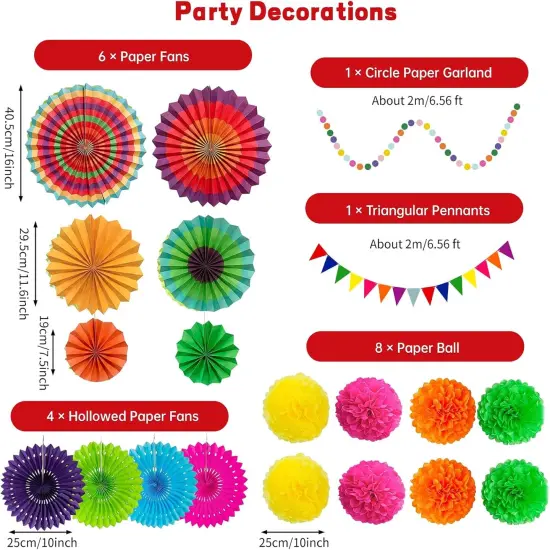 Cinco De Mayo Fiesta Party Decorations - Multi-Color Hanging Paper Fan, Tissue Paper Pom Poms, Circle Dots Garland, Triangle Pennant for Mexican Birthday Decorations {4}