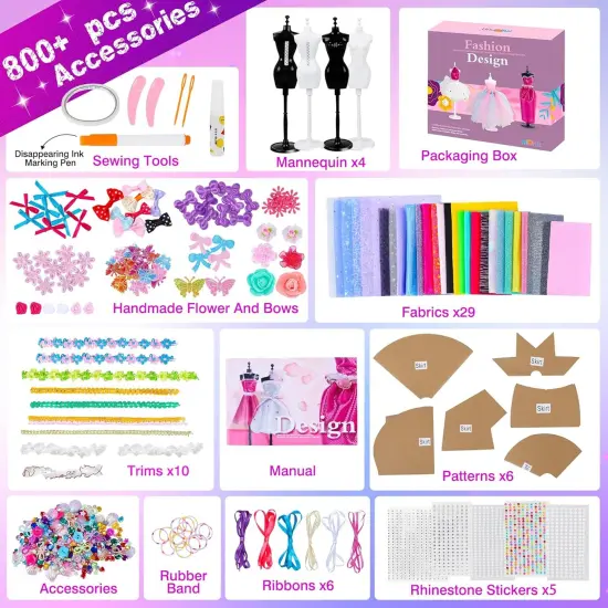800+Pcs Fashion Designer Kit for Girls, Sewing Kit with 4 Mannequins, DIY Arts and Crafts Kit for Kids, Doll Clothes Making Kit, Girl Toys for Age 6 7 8 9 10 11 12 Year Old Gifts {5}