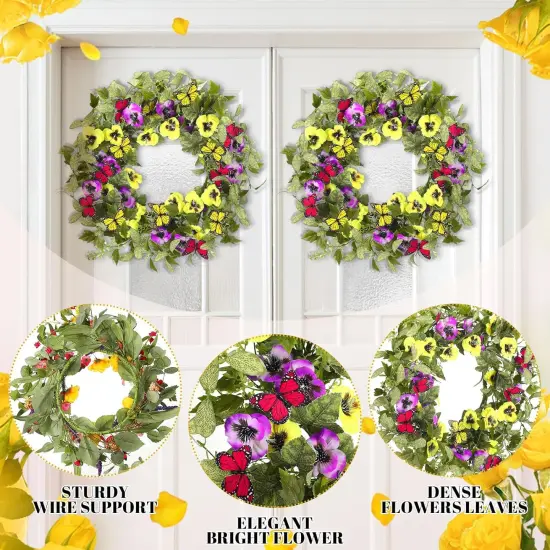 2 Pcs Summer Door Wreaths for Front Door &ndash; 22'' Artificial Yellow and Purple Pansy Wildflower Wreaths for Indoor and Outdoor Home Decor {3}
