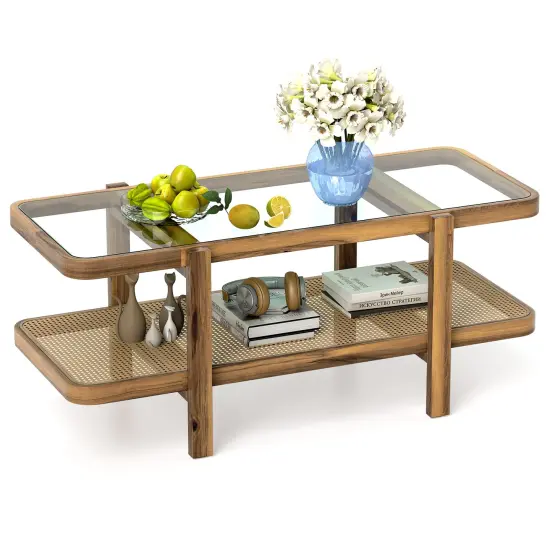 Rustic Acacia Wood Coffee Table with Tempered Glass Top & PE Rattan Shelf {4}