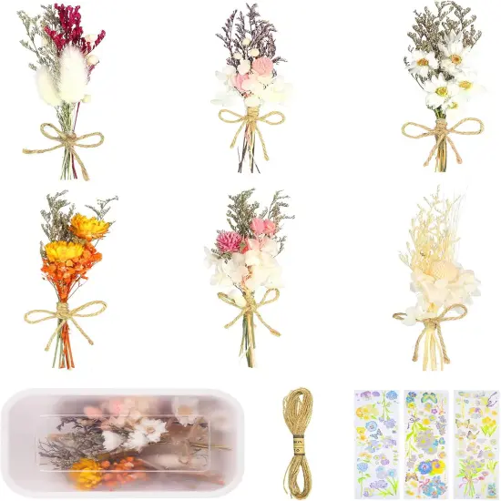 6Pcs Mini Dried Flowers Bouquet, Mixed Natural Dried Flowers Gypsophila Bouquets Boutonniere Table Centerpieces Birthday Cake Flowers for DIY Crafts with 3 Flower Stickers 10m Hemp Rope {4}