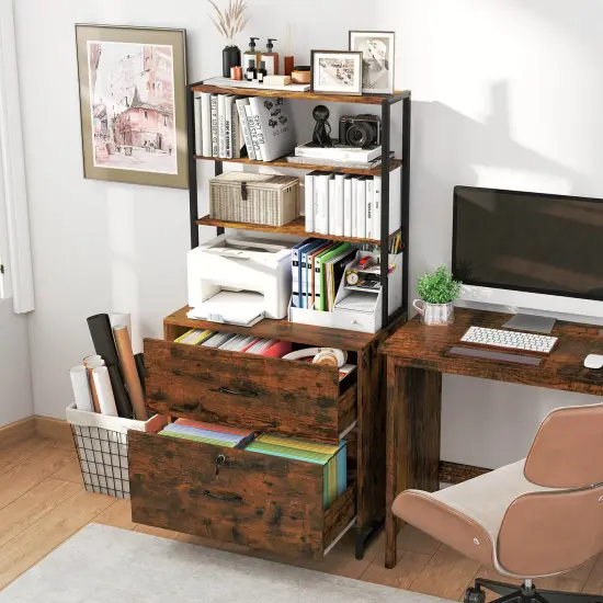 Costway 2 Drawer Vertical File Cabinet w/Lock & Bookshelf, Letter Size Filing Cabinet {4}