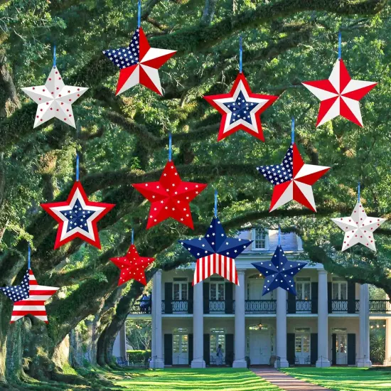 16 Pcs 4th of July Hanging Star Lawn Sign Star Patriotic Yard Signs Decorations Plastic Independence Day Garden Hanging Ornaments {1}