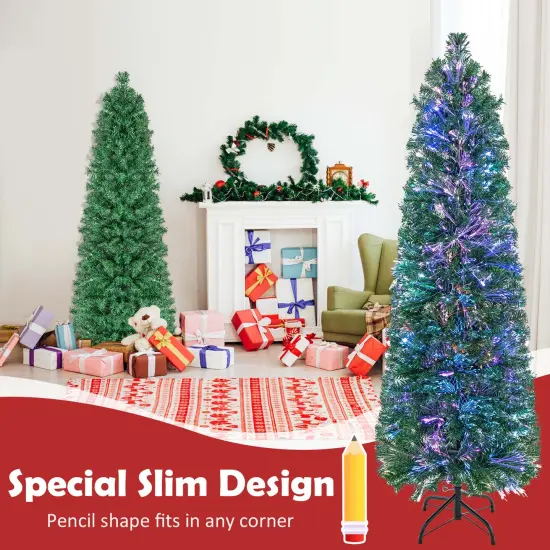 Costway 5/6/7/8 FT Pre-Lit Artificial Xmas Tree with Colorful Fiber Optics & 361/517/697/889 PVC Branch Tips {6}