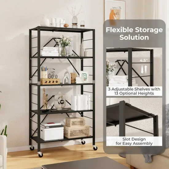 Black Metal Foldable Storage Shelf and Adjustable 5-Tier Shelves with Wheels {6}
