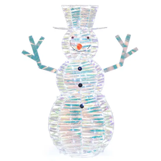 Costway 4 ft Iridescent Christmas Snowman with 100 White LED Lights Ground Stakes Zip Ties {1}