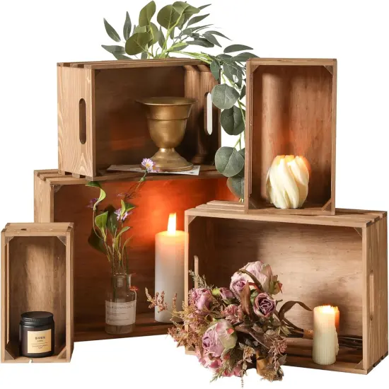 Set of 5 Vintage Rustic Decorative Nesting Wooden Crates Storage with Open Handles {1}