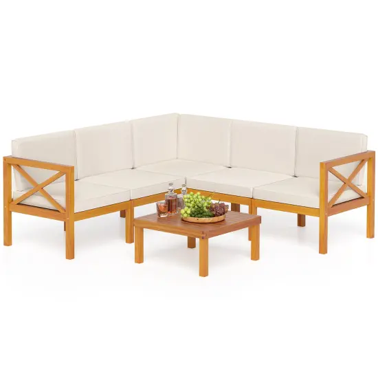 Off-White Cushioned Acacia Wood 6-Piece Patio Set, Modular Sectional with Coffee Table {4}