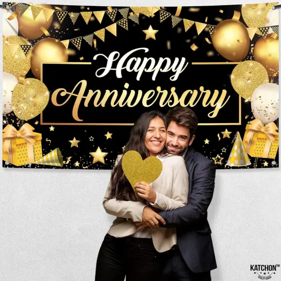 Extra Large Black & Gold Happy Anniversary Banner - 72x44 Inch Backdrop {5}