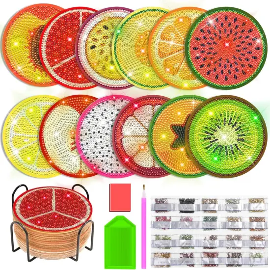 12 Pieces Diamond Art Painting Coasters Kit with Holder, Diamond Art Coasters, DIY Diamond Crafts Projects, Diamond Dot Kits for Adults and Beginners(Fruit Style) {1}
