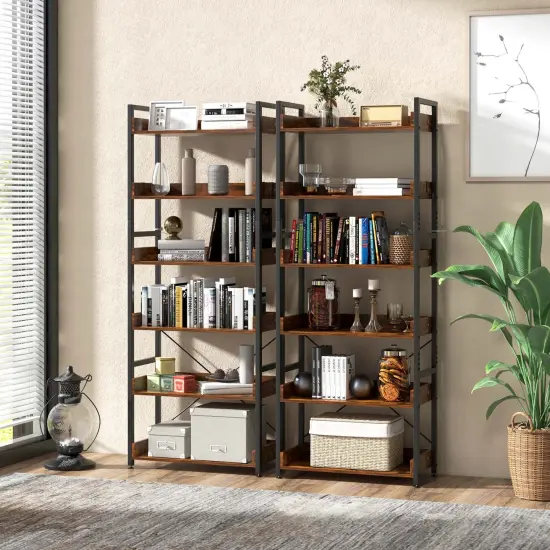 Costway 6-Tier Bookshelf Open Display Shelves Storage Rack Metal Frame with 4 Hooks Rustic {4}