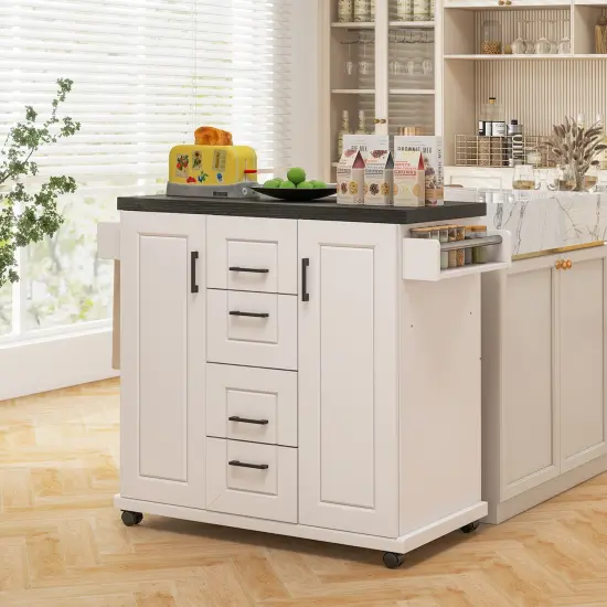 White Engineered Wood Kitchen Island Cart with Drawers and Towel Rack {6}