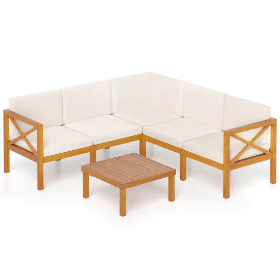 Costway 6 PCS Acacia Wood Patio Furniture Set with Cushions and Coffee Table for Garden {2}