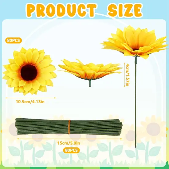 80 Pcs Summer Sunflowers &ndash; 4.1" Yellow Artificial Flower Heads with Stems for DIY Projects & Seasonal Home Decor Floral Arrangements {2}