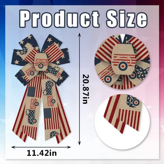 Large 4th of July Bows for Wreath, Patriotic Wreath Bows American Flags Bow Natural Burlap Craft Bow Memorial Day Farmhouse Bows for Front Door Fourth of July Memorial Day Decorations {2}