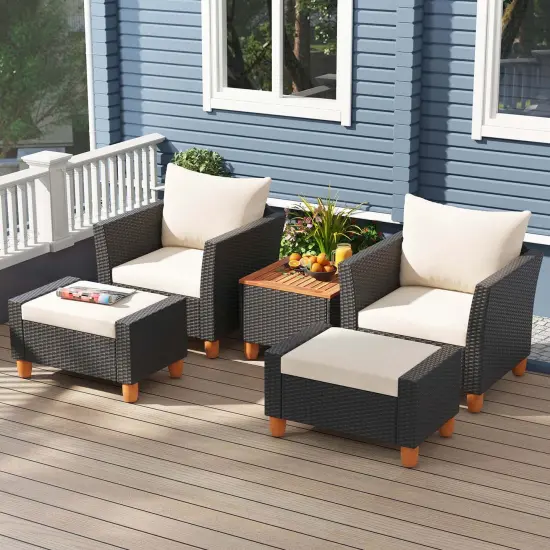 Costway 5 PCS Patio Furniture Set with Storage Table Ottomans Soft Pillows & Cushions {4}