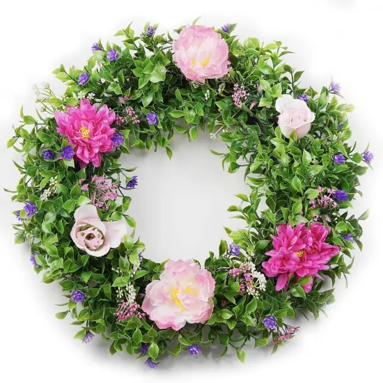 Summer Wreath for Front Door &ndash; 18" Artificial Floral Wreath with Green Leaves, Weatherproof Rustic Wreath for Farmhouse Home Decor {1}