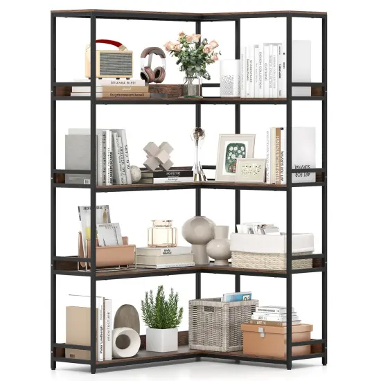 Costway Corner Bookshelf 5-Tier L-Shaped Bookcase 71" Tall Etagere Bookshelf with Metal Frame Brown/Gray {7}