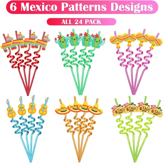 24PCS Mexican Fiesta Straws for Party Favors - Plastic Drinking Straws for Cinco De Mayo Party Supplies, Straws for Mexican Fiesta Taco Themed Party Straws for Kids Boys Girls Party Supplies {3}